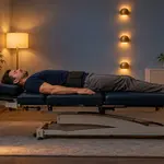 Homme allongé sur une table de décompression ou position de traitement dans une pièce calme.