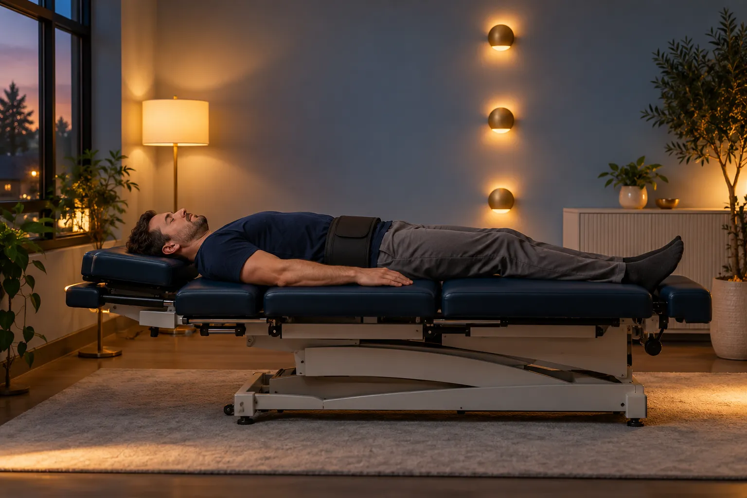 Homme allongé sur une table de décompression ou position de traitement dans une pièce calme.